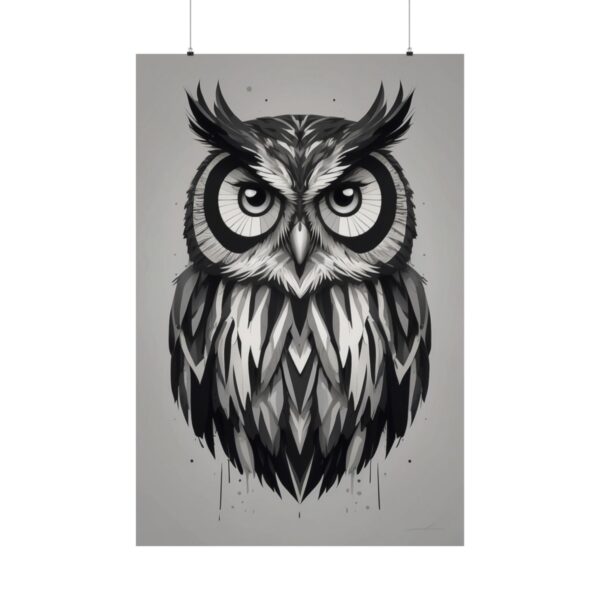 black and white artistic owl illustration with sharp geometric details