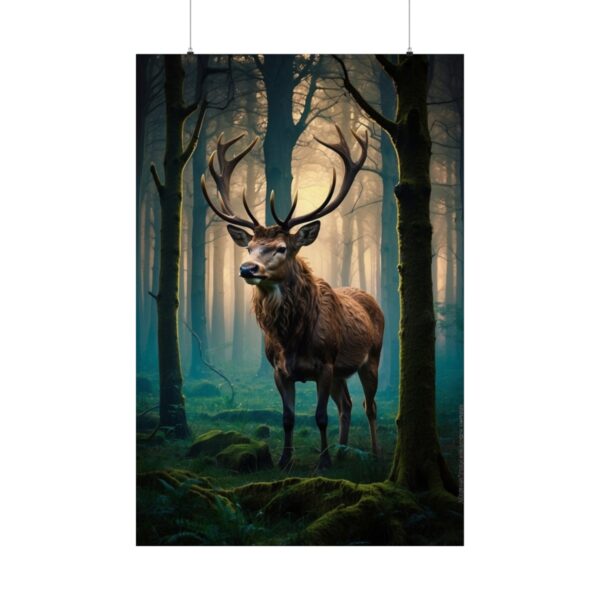 majestic stag standing in a misty forest with light shining through trees