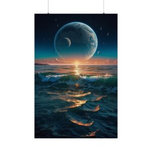 cosmic scene with ocean waves and a large planet rising over the horizon