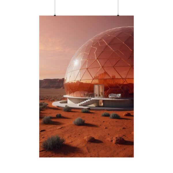 futuristic dome structure in desert landscape with red sand and scattered shrubs