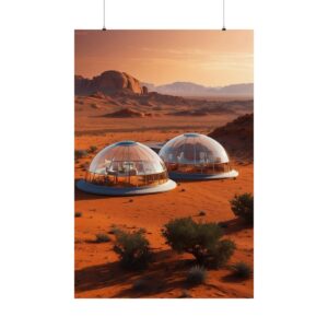 futuristic glass domes in a desert landscape with distant rocky hills