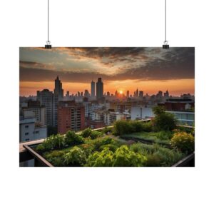 Rooftop garden with lush greenery overlooking a city skyline at sunset, with the sun setting behind tall buildings.