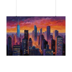 Vibrant city skyline at sunset with tall buildings illuminated by colorful lights against a fiery orange and purple sky.