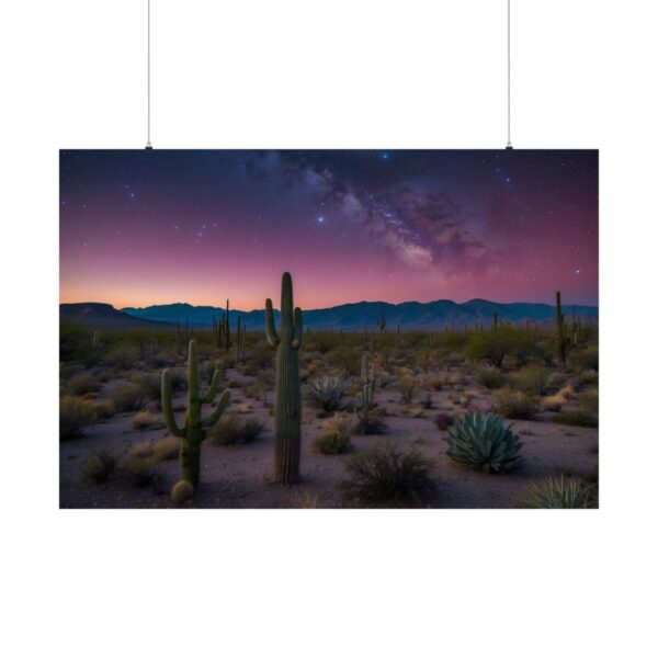 Desert landscape with tall cacti under a purple twilight sky, the Milky Way visible above distant mountains.