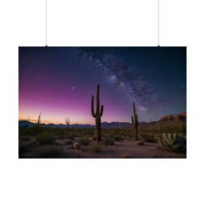 Desert landscape with tall cacti under a starry sky, the Milky Way visible against a purple twilight horizon.