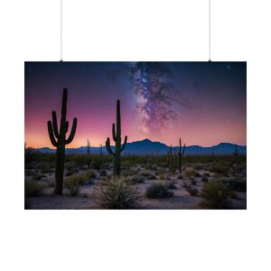 Desert landscape with tall cacti under a starry night sky, with the Milky Way visible and a purple dusk horizon.