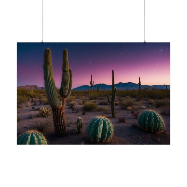 Desert landscape at dusk with tall cacti and round barrel cacti under a purple and blue twilight sky.