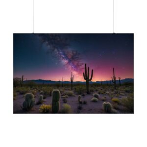 Desert landscape with cacti under a starry sky at dusk, with the Milky Way visible in the background.