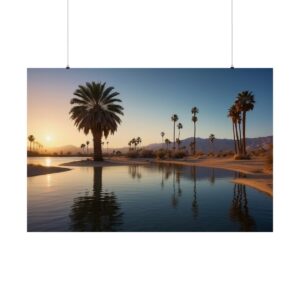 Desert oasis with palm trees reflecting in calm water at sunrise, with mountains in the background.