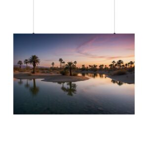 Palm trees reflected in a calm desert oasis at dusk, with soft pink and purple skies as the sun sets.