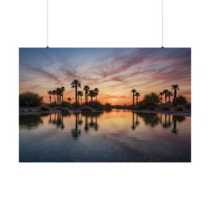 palm trees and sunset sky reflected in a calm desert stream