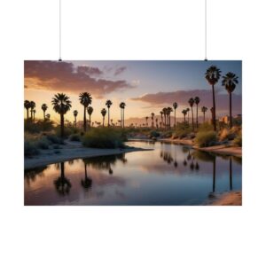 desert landscape with palm trees reflected in calm water at sunset