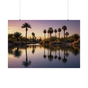 Desert oasis with palm trees reflected in a calm water at dusk under a purple and orange sky.