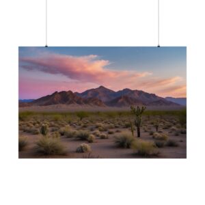 Desert landscape with scattered vegetation, cacti, and distant mountains under a pink and blue sunset sky.