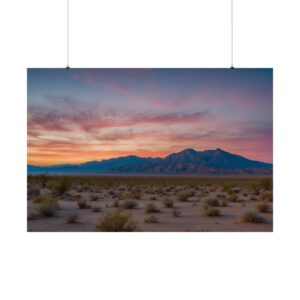 Desert landscape with scattered vegetation, distant mountains, and a vibrant pink and orange sunset sky.