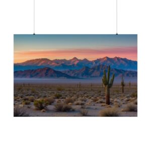 Desert landscape with cacti, scattered vegetation, and distant mountains under a colorful sunset sky.