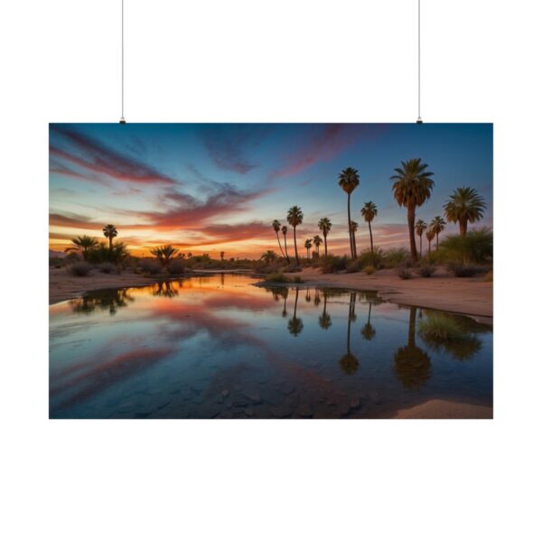 Palm trees reflecting in a calm desert oasis at sunset, with vibrant red, orange, and blue skies.