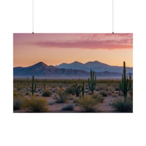 Desert landscape with tall cacti, sparse vegetation, and distant mountains under a soft pink and orange sunset sky.