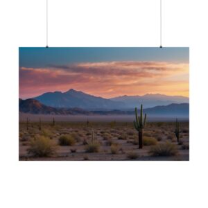 Desert landscape with cacti, scattered vegetation, and distant mountains under a vibrant sunset sky.