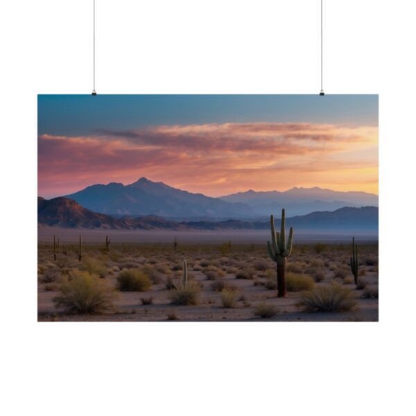 Desert landscape with cacti, scattered vegetation, and distant mountains under a vibrant sunset sky.