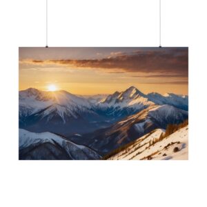 Snow-covered mountain peaks at sunset with golden sunlight illuminating the landscape and distant valleys.