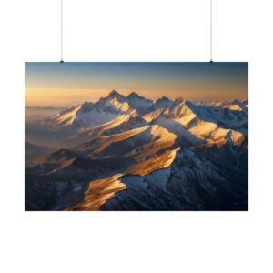 Majestic snow-covered mountain peaks illuminated by golden sunlight at sunset, with distant layers of mountains and valleys.