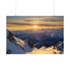 Snow-covered mountain peaks at sunset, with a golden sky and layers of distant mountains.