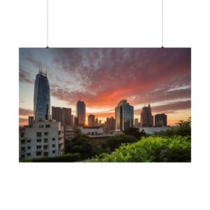 City skyline at sunset with tall buildings and a rooftop garden with lush greenery in the foreground.