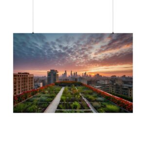 Rooftop garden with colorful plants overlooking a vibrant city skyline at sunset, with dramatic clouds in the sky.