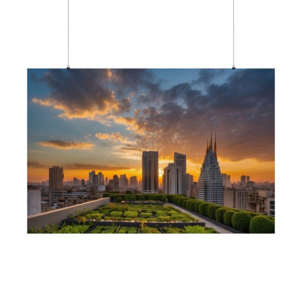 Rooftop garden with manicured greenery overlooking a city skyline at sunset, with vibrant clouds and tall buildings.