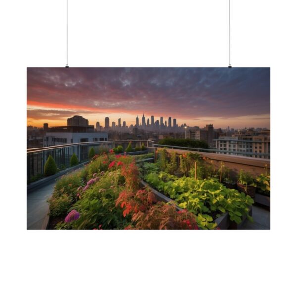 Rooftop garden with colorful plants overlooking a city skyline at sunset, with vibrant clouds in the sky.