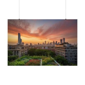 City skyline at sunrise with buildings in the foreground and a colorful sky, featuring a rooftop garden in the foreground.