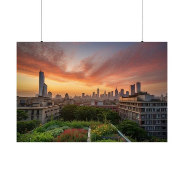 City skyline at sunrise with buildings in the foreground and a colorful sky, featuring a rooftop garden in the foreground.