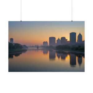 City skyline at sunrise with buildings and trees reflected in a calm river under a colorful morning sky.