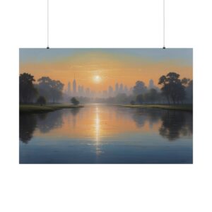 City skyline at sunrise with soft mist, trees, and calm water reflecting the golden light of the rising sun.