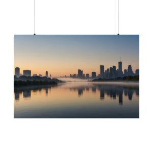 City skyline at dawn with buildings reflected in a calm river, surrounded by mist and soft morning light.