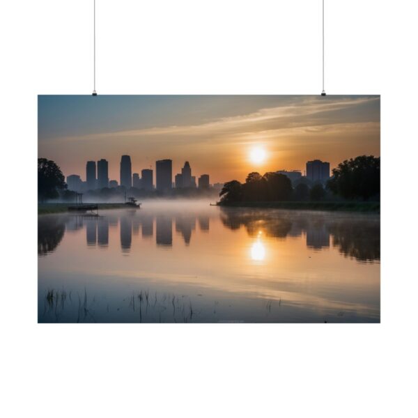 City skyline at sunrise with buildings reflected in a calm lake, surrounded by mist and soft morning light.