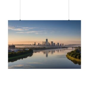 City skyline at sunrise with buildings reflected in a wide, calm river surrounded by green banks under a clear sky.