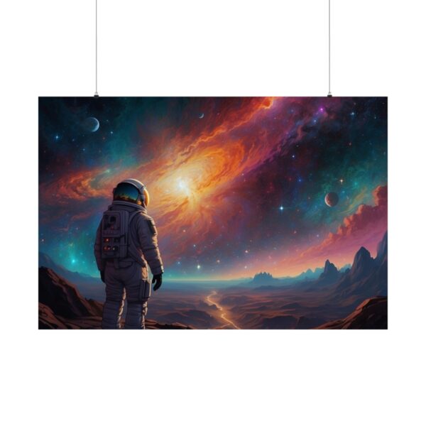 astronaut standing on an alien landscape gazing at a vibrant galaxy with swirling stars and planets