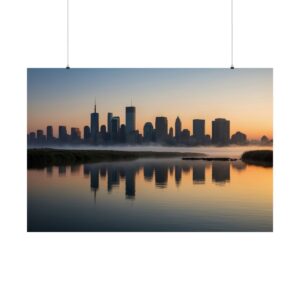 City skyline at dawn with buildings reflected in a calm water body, surrounded by soft mist and warm sunrise light.