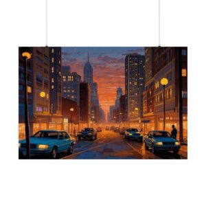 Busy city street at sunset with cars, pedestrians, and tall buildings illuminated by streetlights under a vibrant sky.