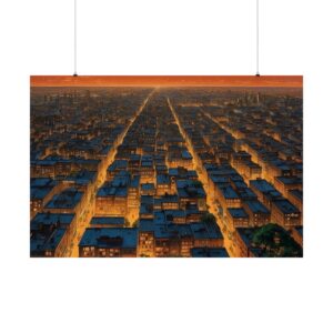 Expansive view of a cityscape at dusk with streets illuminated by streetlights under a glowing orange sunset sky.