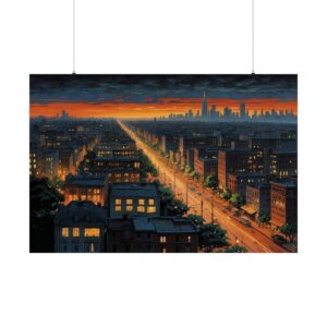 City skyline at sunset with illuminated streets stretching toward the horizon and buildings lining the road.