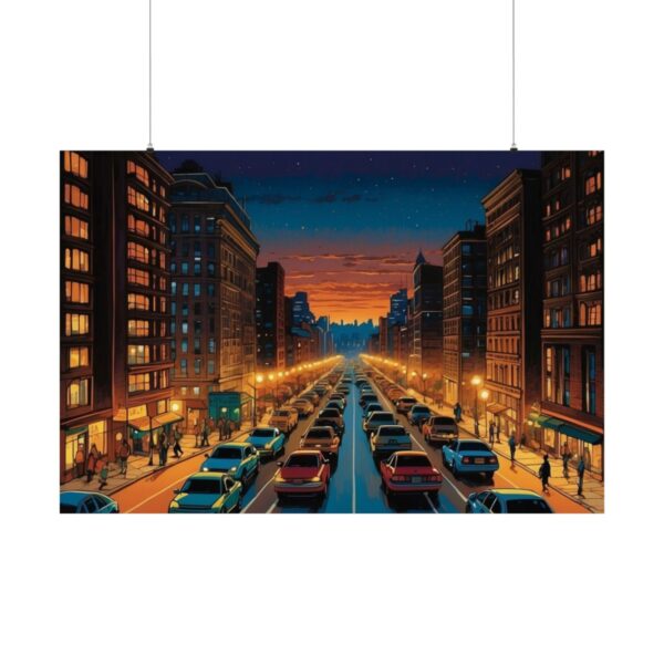 City street at dusk with cars, pedestrians, and buildings illuminated by streetlights as the sky transitions from sunset to night.