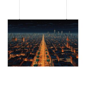 Expansive night view of a city skyline with illuminated streets stretching toward a distant horizon.