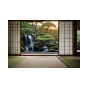 Traditional Japanese room with sliding doors open to a peaceful Zen garden, featuring a waterfall, moss-covered rocks, and greenery.