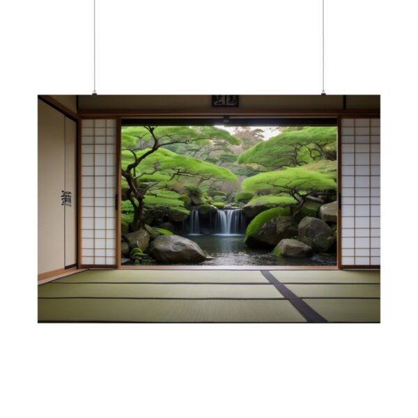 Traditional Japanese room with shoji doors open to a Zen garden featuring a serene waterfall and lush green trees.