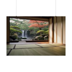 Traditional Japanese room with an open view of a Zen garden featuring a waterfall, lush trees, and a peaceful landscape.