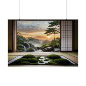 Traditional Japanese room with a view of a Zen garden featuring moss-covered rocks, trees, and a peaceful sunset landscape.