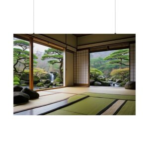 Traditional Japanese-style room with sliding doors opening to a serene garden with moss-covered rocks, lush trees, and a waterfall